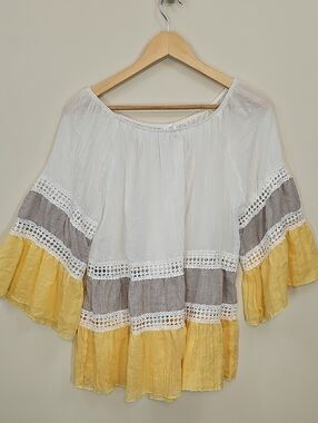 Kaktus Tiered Crochet Tunic Lace Blouse Bell Sleeve Boho Cottagecore Sz M